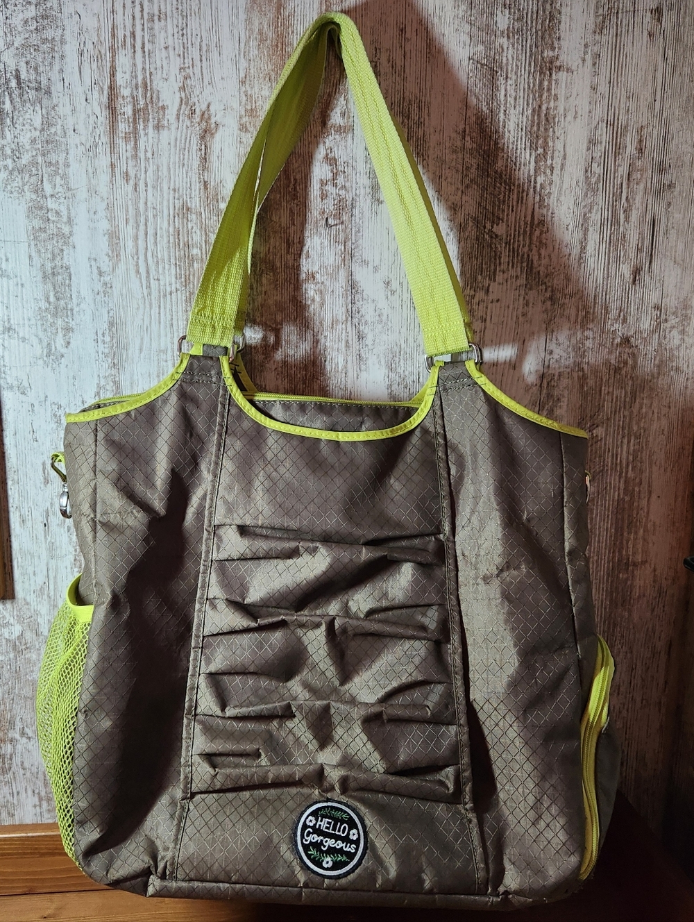 Thirty-one Brown All Pro Tote with Lime Green Trim and Straps Gym Yoga Bag Nice